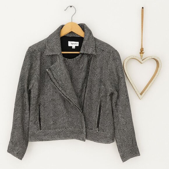 Splendid TIA Herringbone Crop Biker Jacket XTRA-SMALL XS in Black White Colorway - Picture 1 of 13